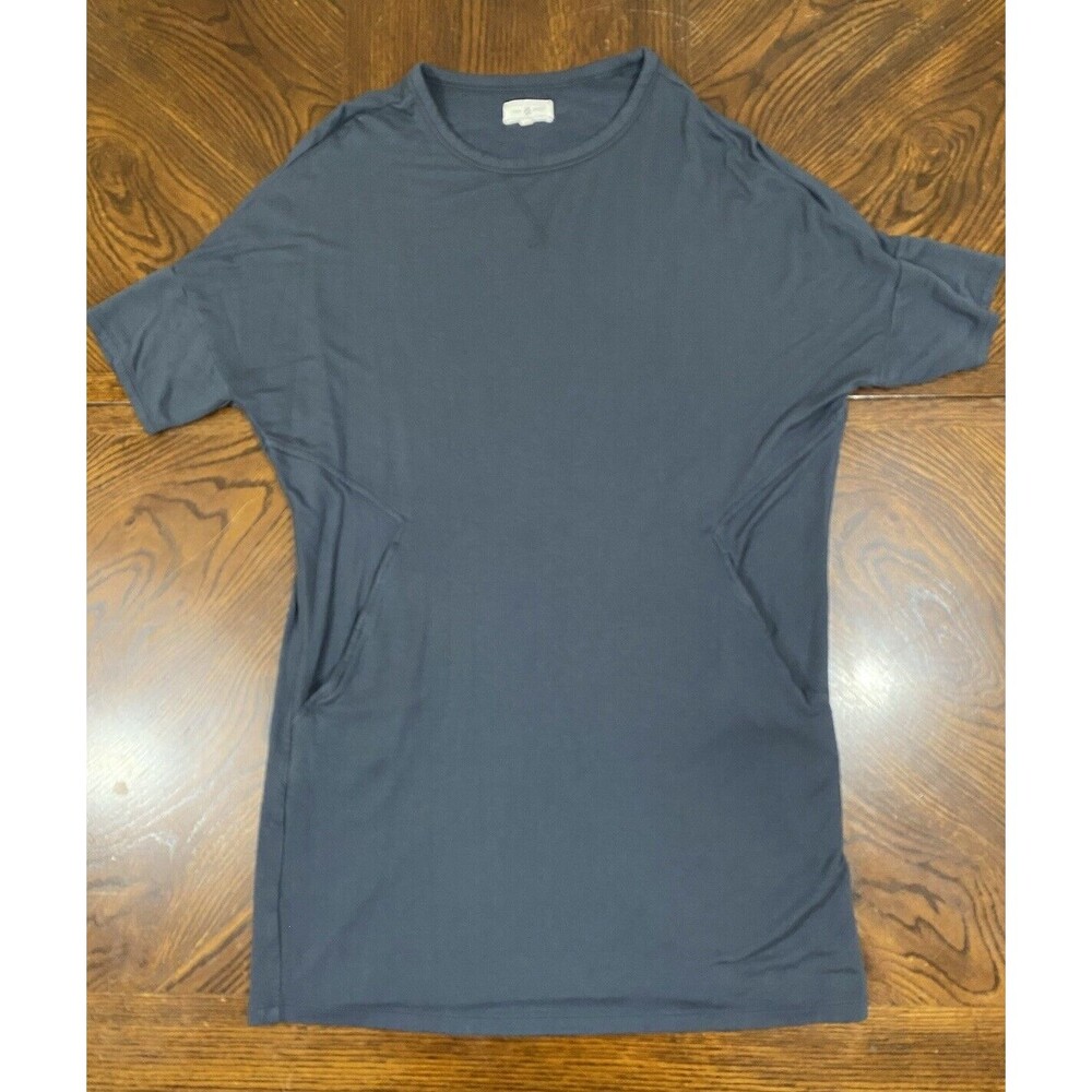 Lou & Grey Tunic Dress Women's Medium Grey Blue Kangaroo pocket Short Sleeve